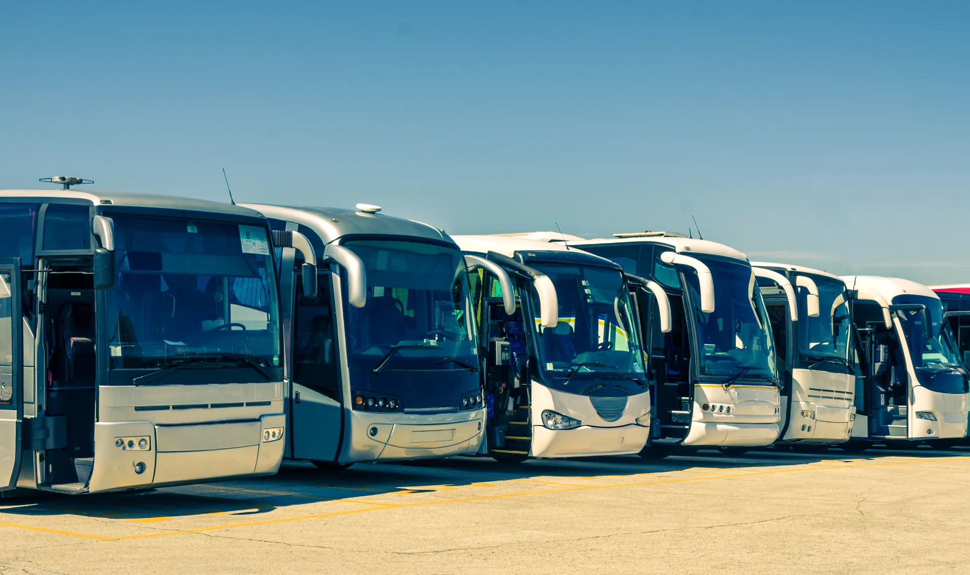 Flotte d'autocars CDP69 alignés sous un ciel bleu