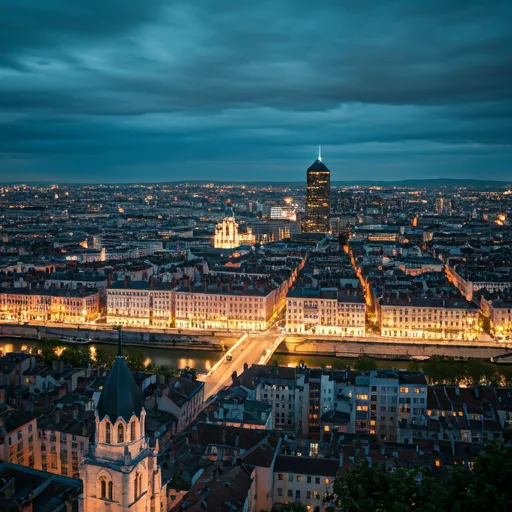 Vue nocturne de Lyon avec ses ponts illuminés et la rivière, ambiance dorée